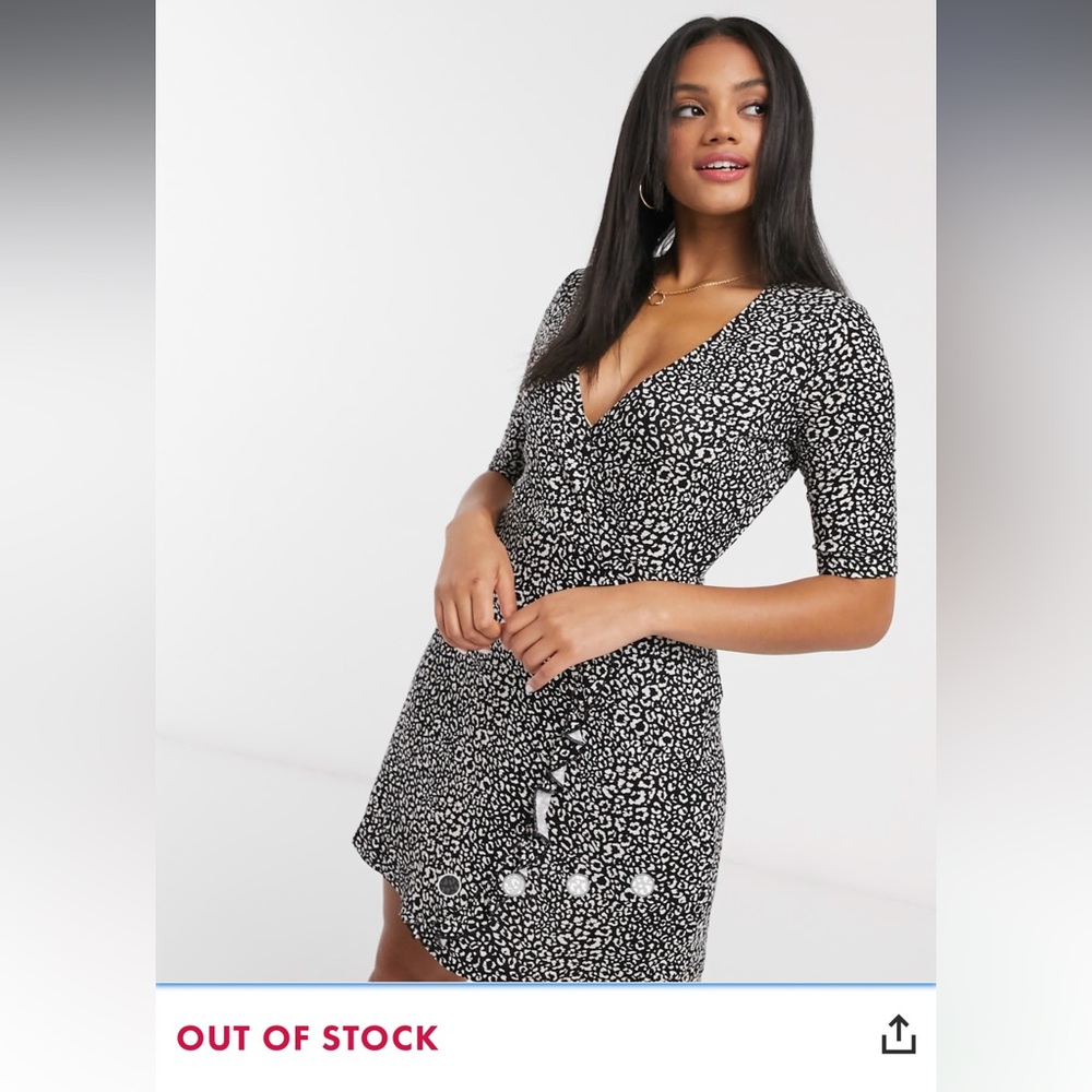 Stradivarius jersey wrap mini dress animal print Small Leopard Black White NWT